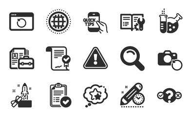 Innovation, Recovery photo and Approved report icons simple set. Engineering documentation, Search and Ranking stars signs. Chemistry lab, Recovery internet and Quiz test symbols. Vector