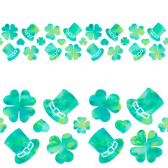 Watercolor blue-green hats, clover leaves, hearts on white background. Seamless horizontal border. Isolated on white. Watercolor stock illustration. St.Patrick's day.