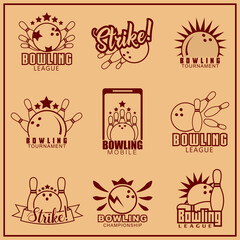Set of Vintage Bowling Emblem. Logotype template on retro grunge background. Vintage bowling icon illustration.Retro bowling logo