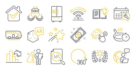 Set of Technology icons, such as Ranking, Product knowledge, Decreasing graph symbols. Customer satisfaction, Bitcoin, Refrigerator signs. Wifi, Spanner, Augmented reality. Bus tour, Ship. Vector