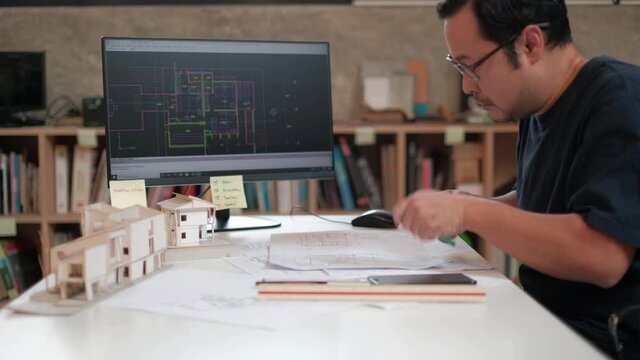 An Asian architect in a dark shirt is working on a design in his studio using a computer-aided design program. And scribble down on the construction plan.