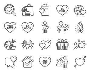 Love icons set. Included icon as True love, Hold heart, Love document signs. Be mine, Be good, Friendship symbols. Friends world, Male female, Heart. Friend, Ask me line icons. Line icons set. Vector