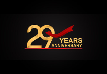 29 years anniversary design with red ribbon and golden color isolated on black background for celebration moment