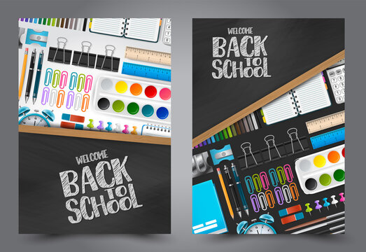 Welcome back to school flyer with colorful 3d realistic stationery. Vector illustration.