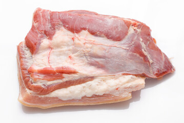 raw meat piece on white background, pork meat and lard