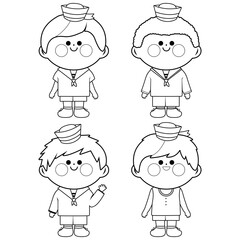 Cute little sailor boys. Vector black and white coloring page