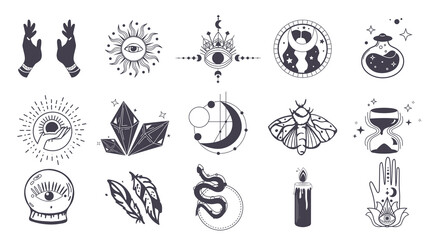 Hand drawn set of celestial bodies and mystic magical elements Crystal, butterfly, hourglass, candle, sun in boho style. Esoteric element pack design. Perfect for tattoo, textile, cards,mystery.Vector