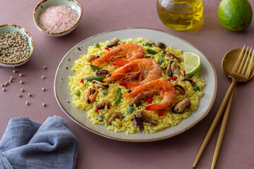 Spanish paella with seafood, shrimp and vegetables. Healthy eating. Spanish cuisine.