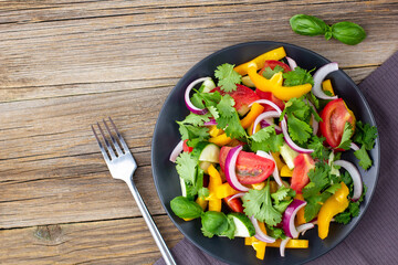Plate of rainbow salad with different vegetables and herbs on black plate on wooden background