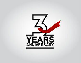 3 years anniversary logotype with black outline number and red ribbon isolated on white background for celebration