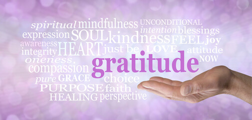 Words associated with feeling Gratitude - Male open palm hand with the word GRATITUDE floating...