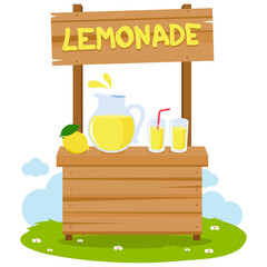 Lemonade stand and fresh lemon juice in pitcher and glasses. Vector illustration