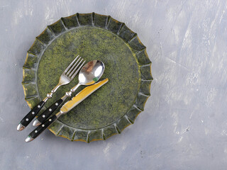 Top View Rustic Plate, Spoon, Fork, and Knife for Food Photography Props