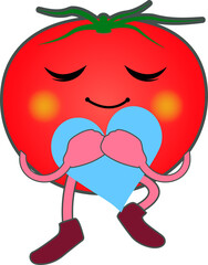 ハートを抱きしめるかわいいトマトのキャラクター