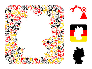 German state map hole mosaic. Hole rounded square collage composed of industrial robot icons in various sizes, and Germany flag official colors - red, yellow, black.
