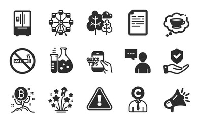 No smoking, Tree and Bitcoin project icons simple set. Megaphone, Refrigerator and Ferris wheel signs. Education, Coffee cup and Document symbols. Flat icons set. Vector
