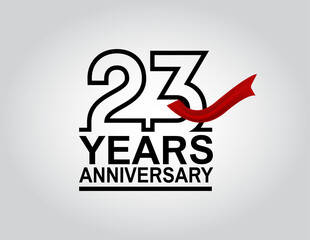 23 years anniversary logotype with black outline number and red ribbon isolated on white background for celebration