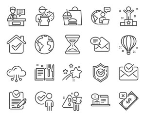 Education icons set. Included icon as Time, Verification person, Approved mail signs. Online documentation, World planet, Air balloon symbols. Rejected payment, Recipe book, Rfp. Confirmed. Vector