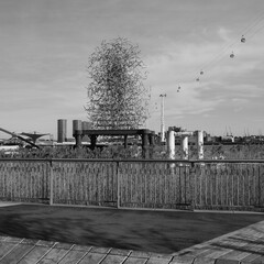 The Quantum Cloud sculpture River Thames Air Line Cable Car black and white