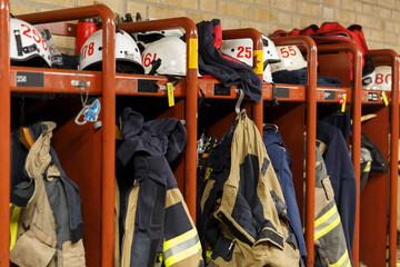 Firefighters uniforms in locker