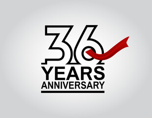 36 years anniversary logotype with black outline number and red ribbon isolated on white background for celebration