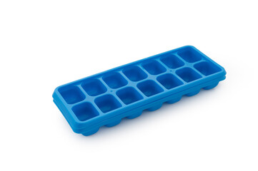 blue plastic form freezer ice on white background