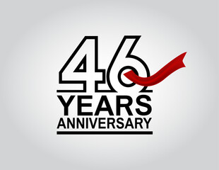 46 years anniversary logotype with black outline number and red ribbon isolated on white background for celebration