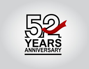 52 years anniversary logotype with black outline number and red ribbon isolated on white background for celebration