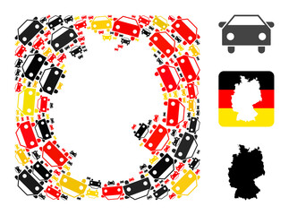 Germany map stencil mosaic. Stencil rounded rectangle collage formed from car icons in variable sizes, and Germany flag official colors - red, yellow, black.