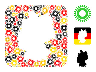 Germany map stencil mosaic. Subtraction rounded rectangle collage created with gear elements in various sizes, and Germany flag official colors - red, yellow, black.