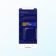Mobile dashboard dark blue with listed items in bar chart