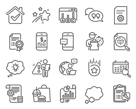 Technology icons set. Included icon as File settings, Survey results, Energy signs. Settings blueprint, Spanner, Certificate symbols. Smartphone message, Report document, Quote bubble. Vector
