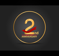 2 anniversary design golden color with ring and red ribbon isolated on black background for celebration moment