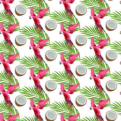 Tropical seamless pattern. Paradise print with birds and palm trees. Print for textiles
