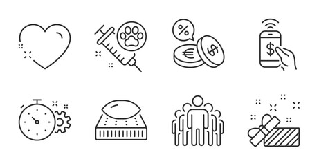 Group, Dog vaccination and Present line icons set. Heart, Mattress and Cogwheel timer signs. Currency exchange, Phone payment symbols. Managers, Pets medicine, Gift. Business set. Vector