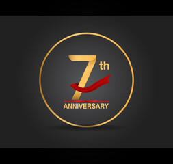 7 anniversary design golden color with ring and red ribbon isolated on black background for celebration moment