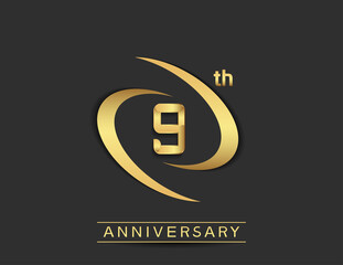 9 years anniversary logo style with swoosh ring golden color isolated on black background for celebration moment