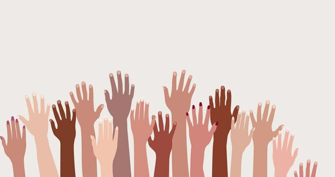 Illustration of hands on top of each other in a circle of multiethnic people. Teamwork businesspeople diversity. Men women boys girls. Friendship. Different cultures. Cooperation. Copy space