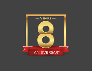 8 years anniversary logo style with golden square and red ribbon isolated on black background for celebration moment