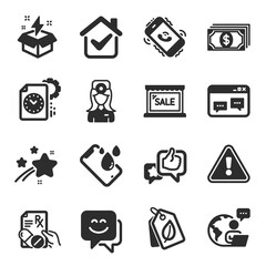 Set of Business icons, such as Call center, Smile face, Project deadline symbols. Creative idea, Sale, Prescription drugs signs. Smartphone waterproof, Bio tags, Browser window. Payment. Vector