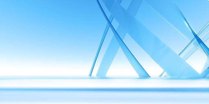 3d Render Abstract Blue Transparent crossed lines on white background