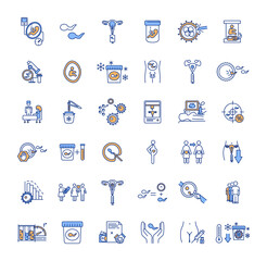 Reproductive technology RGB color icons set. Artificial insemination. Infertility treatment. Reproducing womb conditions. Premature infant support. Cryopreservation. Isolated vector illustrations