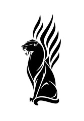 roaring black panther with wings vector portrait - elegant sitting mythical animal outline design