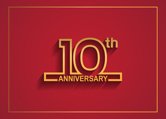 10 anniversary design with simple line style golden color isolated on red background