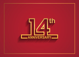 14 anniversary design with simple line style golden color isolated on red background
