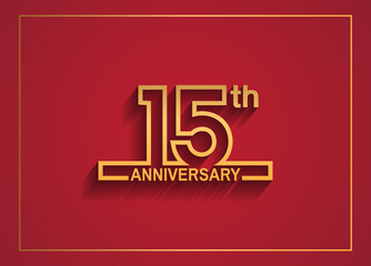 15 anniversary design with simple line style golden color isolated on red background