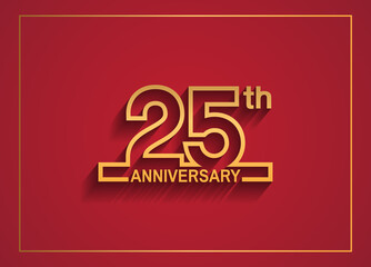 25 anniversary design with simple line style golden color isolated on red background
