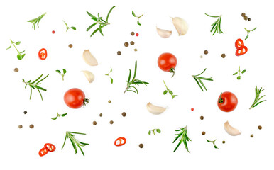 Tomato, spices, chili pepper, garlic. Vegan diet food, creative composition isolated on white. Fresh basil, herb, tomatoes pattern layout, cooking concept, top view.