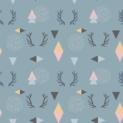 Fototapeta na wymiar Abstract seamless pattern with horns and triangles in pastel colors. Background for wallpaper, design, wrapping paper, posters.