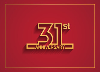 31 anniversary design with simple line style golden color isolated on red background